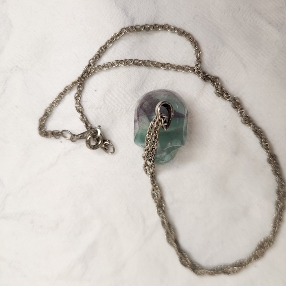 Rainbow Flourite Skull Silver Necklace - Picture 8 of 13